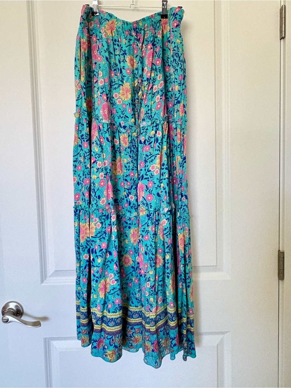 Turquoise Floral Tiered A-Line Maxi Skirt
